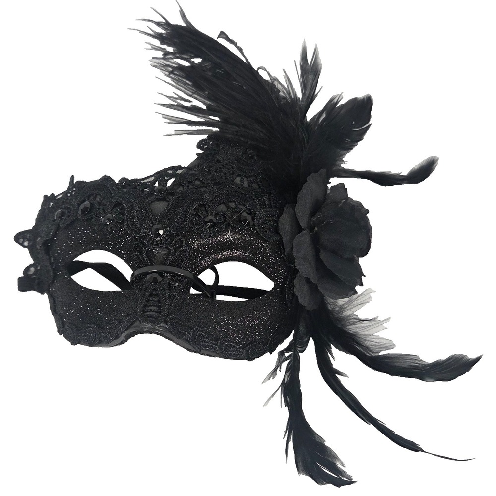 Midnight Spell Masquerade Mask Adult OS Black New Gothic Lace Feather Rhinestone